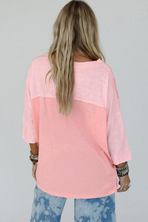 Mixed Daisy Applique Exposed Seam Oversized V Neck Top